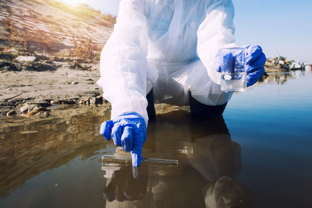 Ecologista analizando la calidad del agua en un río contaminado