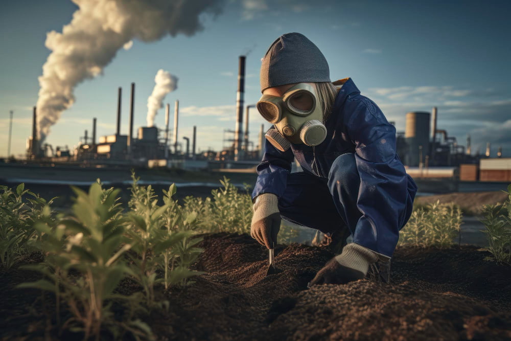 Niño cuidador con mascarilla de gas plantando en suelo contaminado como símbolo de protección del planeta.