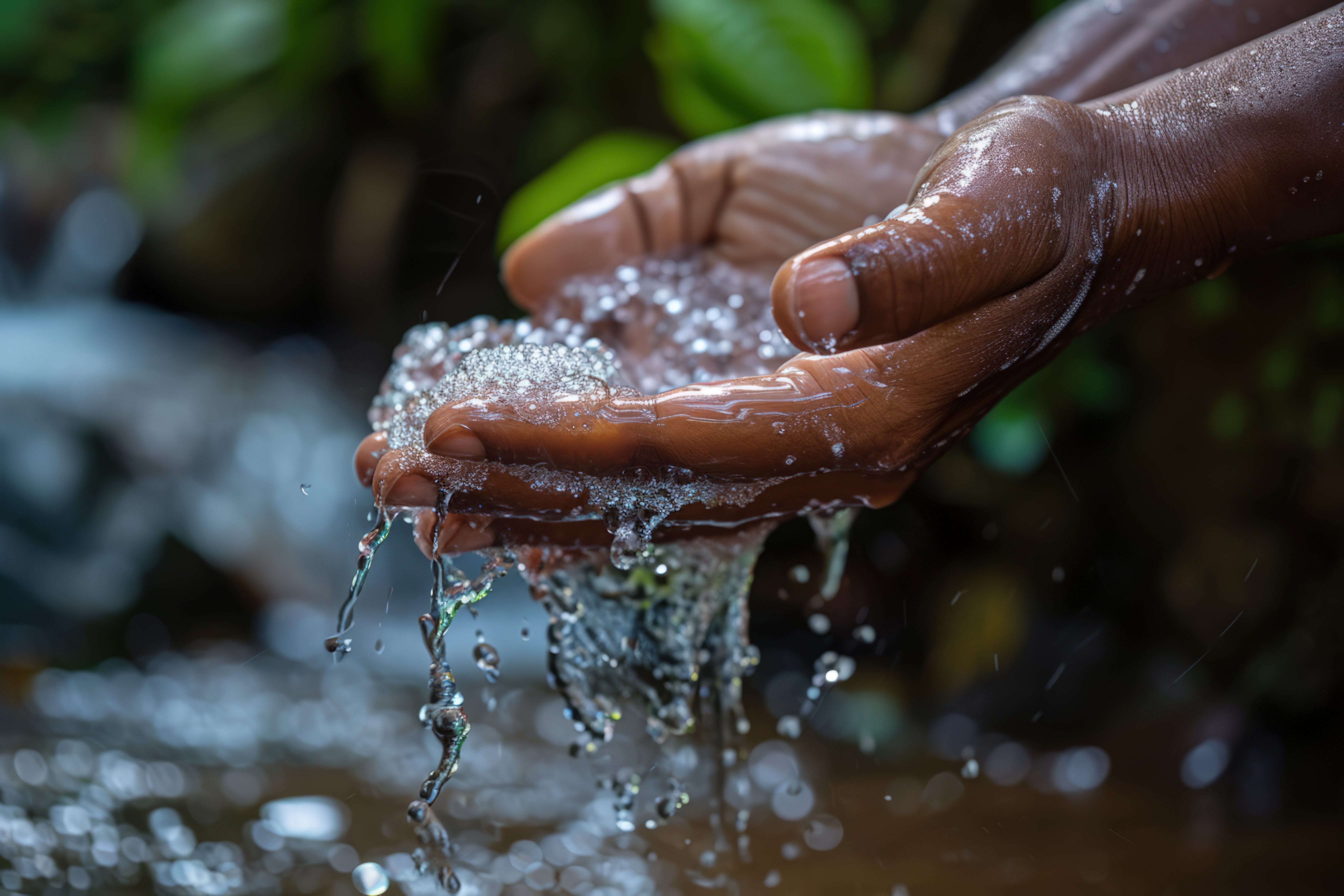 Manos recogiendo agua cristalina en un entorno natural, símbolo de la conexión humana con los recursos hídricos esenciales.