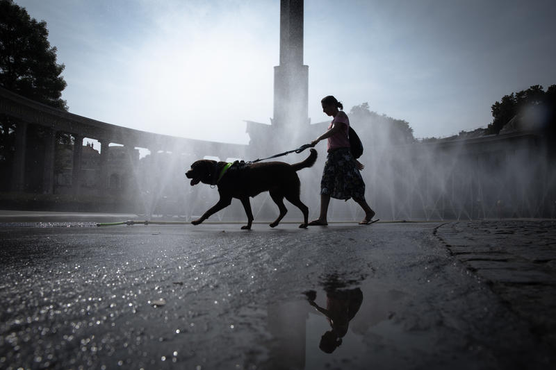 Una mujer pasea a su perro frente a una fuente, rodeados por vapor de agua, en un día caluroso.
