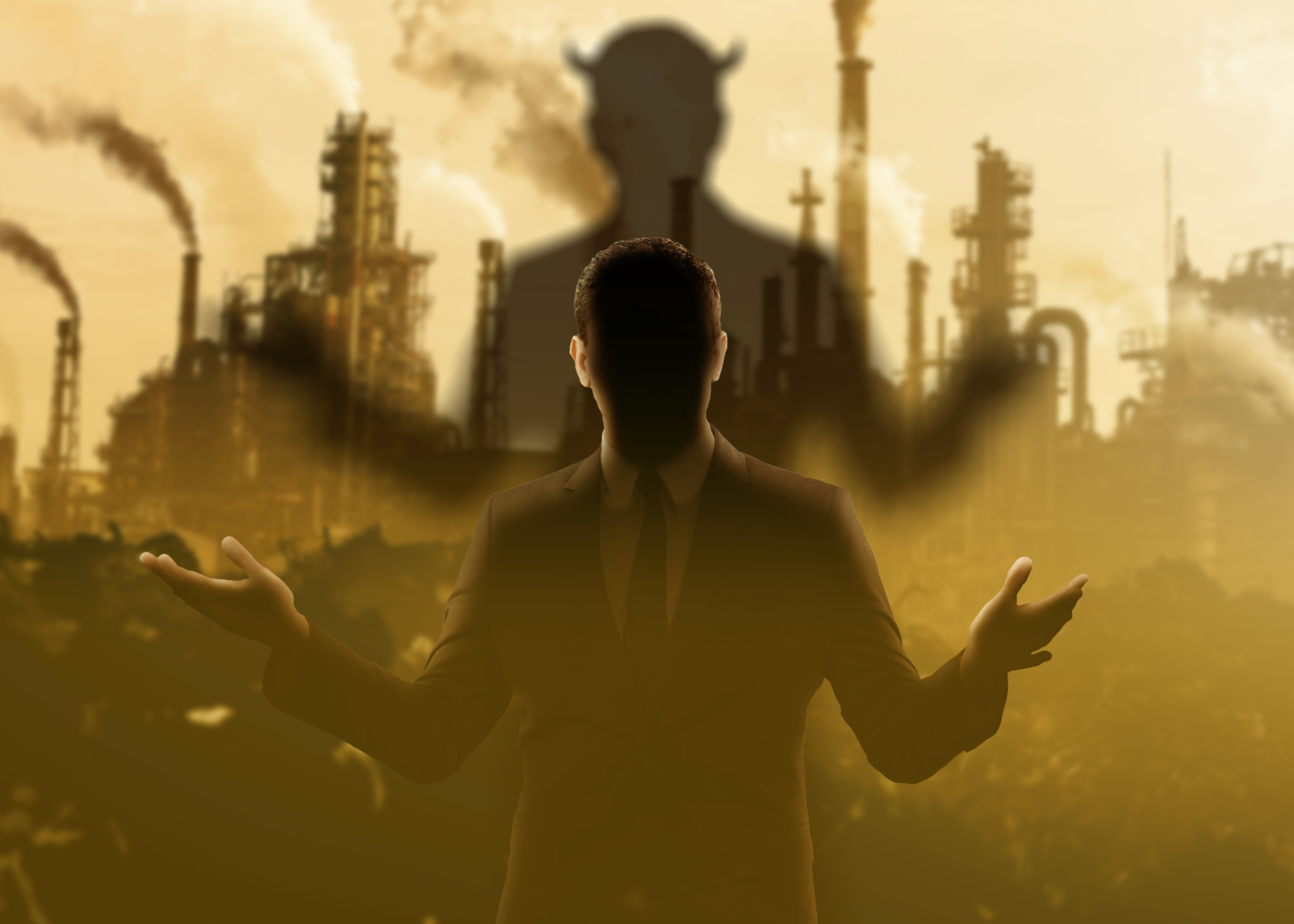 Hombre de traje frente a un fondo industrial contaminado; su sombra proyecta una figura diabólica entre chimeneas y humo.