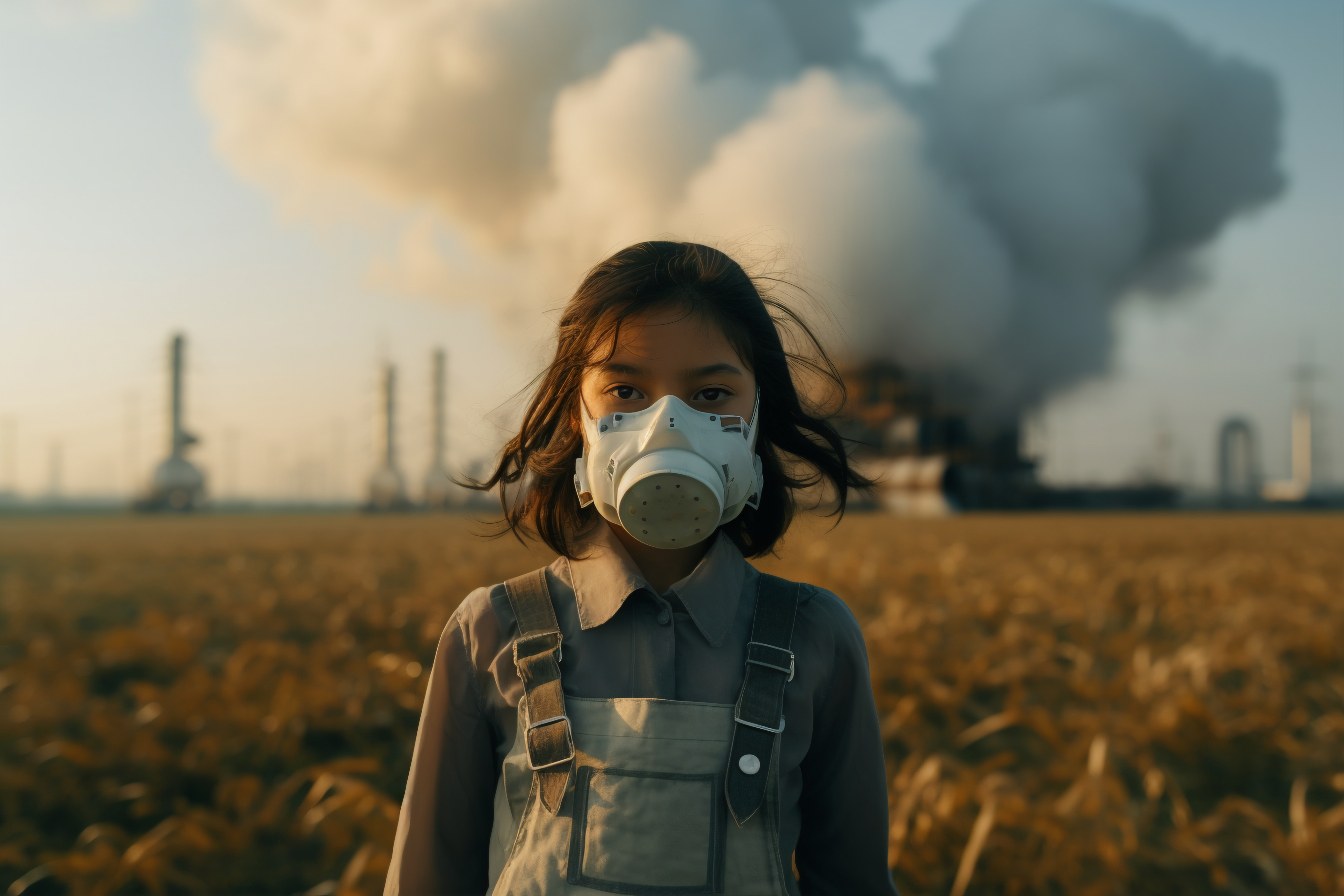 Niña con mascarilla protectora en un campo de cultivo, con una planta industrial emitiendo humo en el fondo.