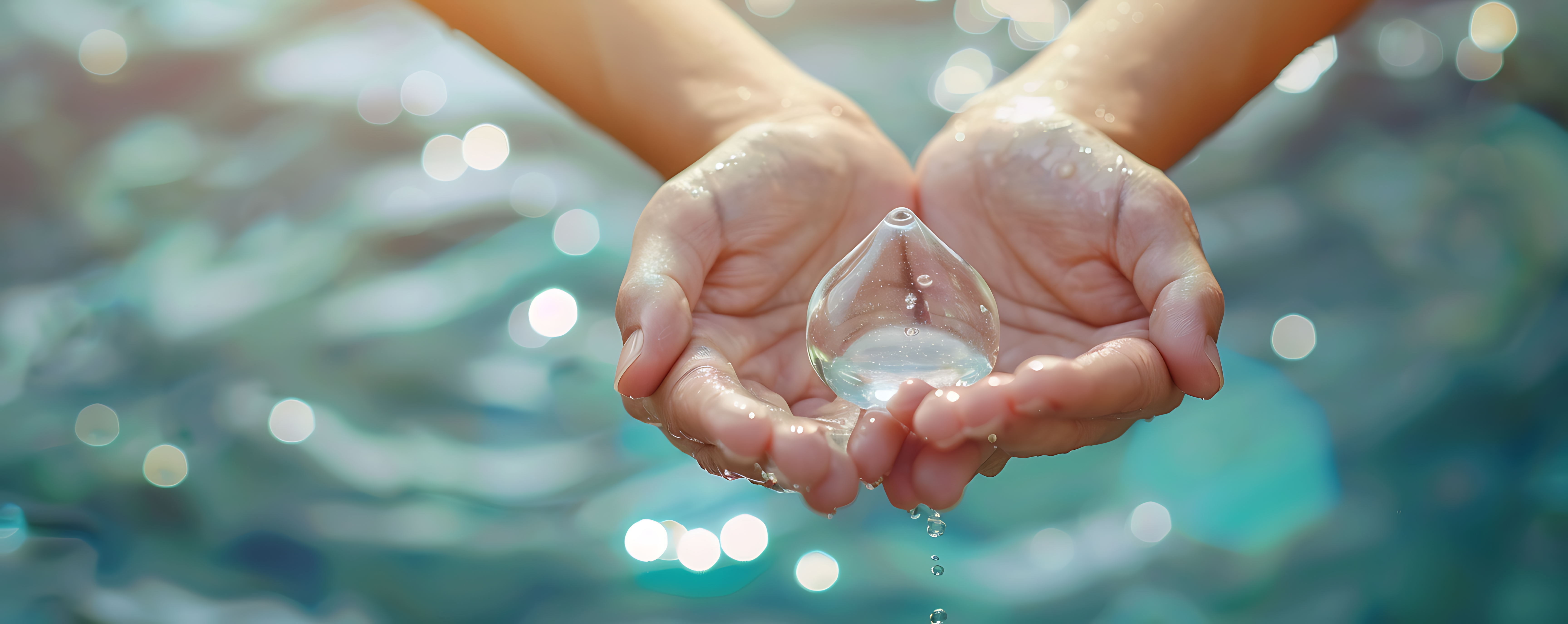 Manos sosteniendo una gota de agua transparente como símbolo de protección de los océanos y el agua en el planeta.
