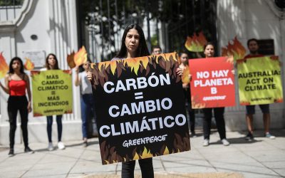 Protesta de jóvenes con carteles de Greenpeace denunciando que el carbón causa cambio climático.