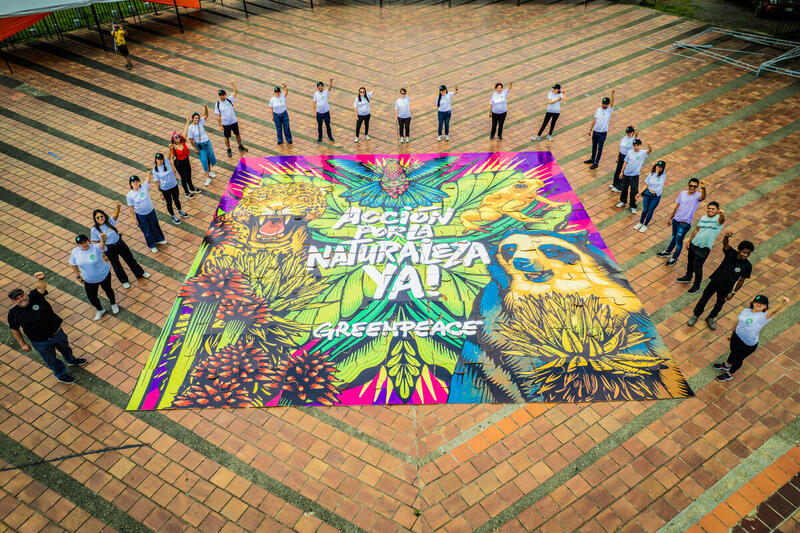 Personas formando un círculo alrededor de un gran mural colorido de Greenpeace con animales y el mensaje “Acción por la Naturaleza ¡YA!”